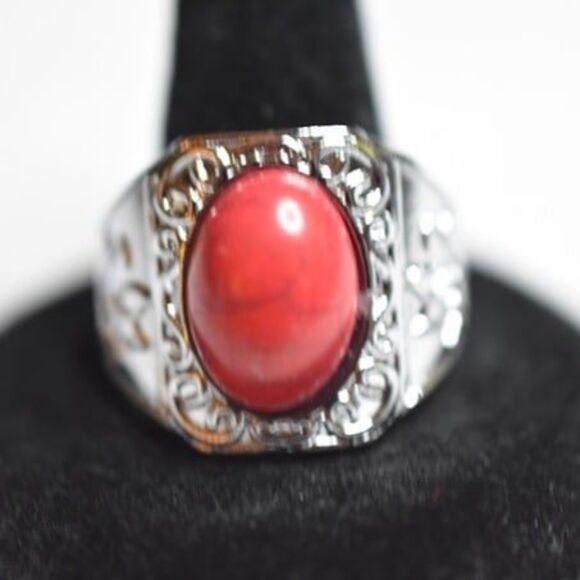 Renaissance Statement Red Faux Turquoise Silver Tone Band Sizes 10 & 12 Rings - Picture 1 of 3